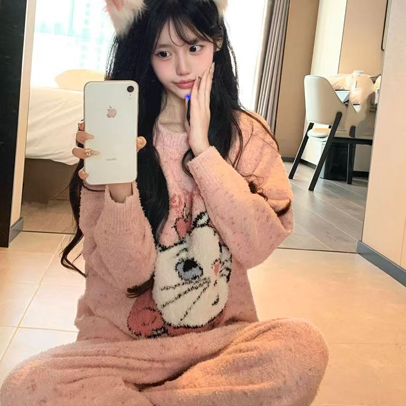 Women's Kitten Print Pyjama Suit — Thick Coral Velvet Fleece Loungewear