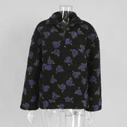 Women's Plush Floral Half-Zip Top — Warm Fleece Flower Sweatshirt Coat