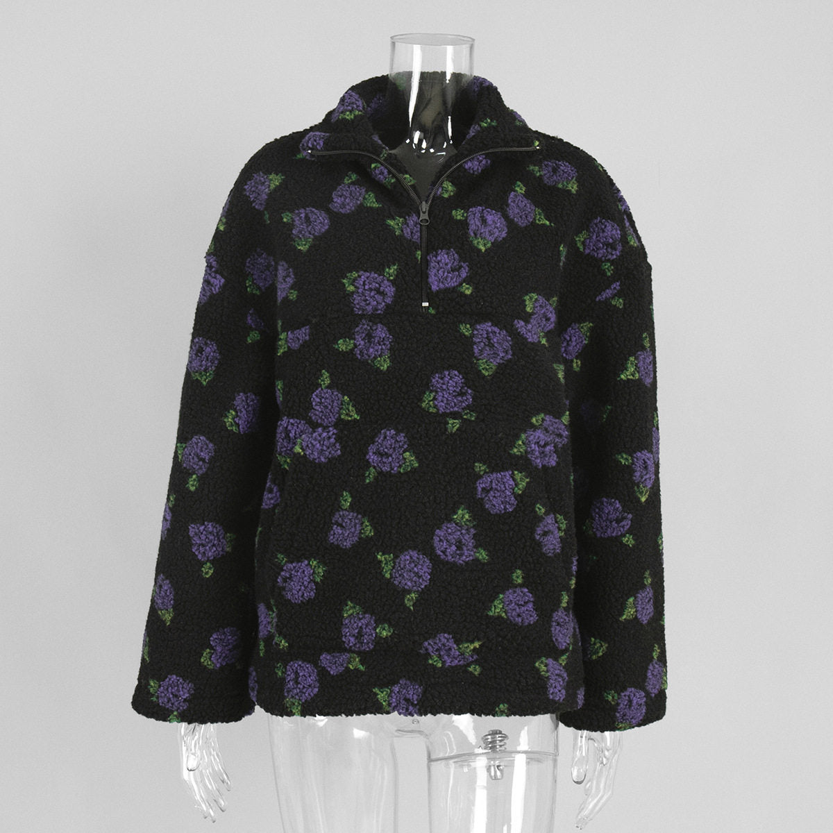 Women's Plush Floral Half-Zip Top — Warm Fleece Flower Sweatshirt Coat - photo 12