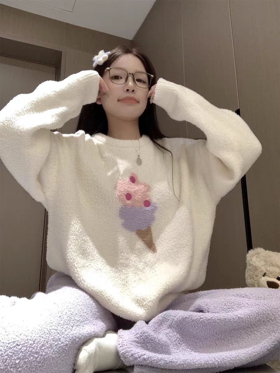 Women's Kitten Print Pyjama Suit — Thick Coral Velvet Fleece Loungewear