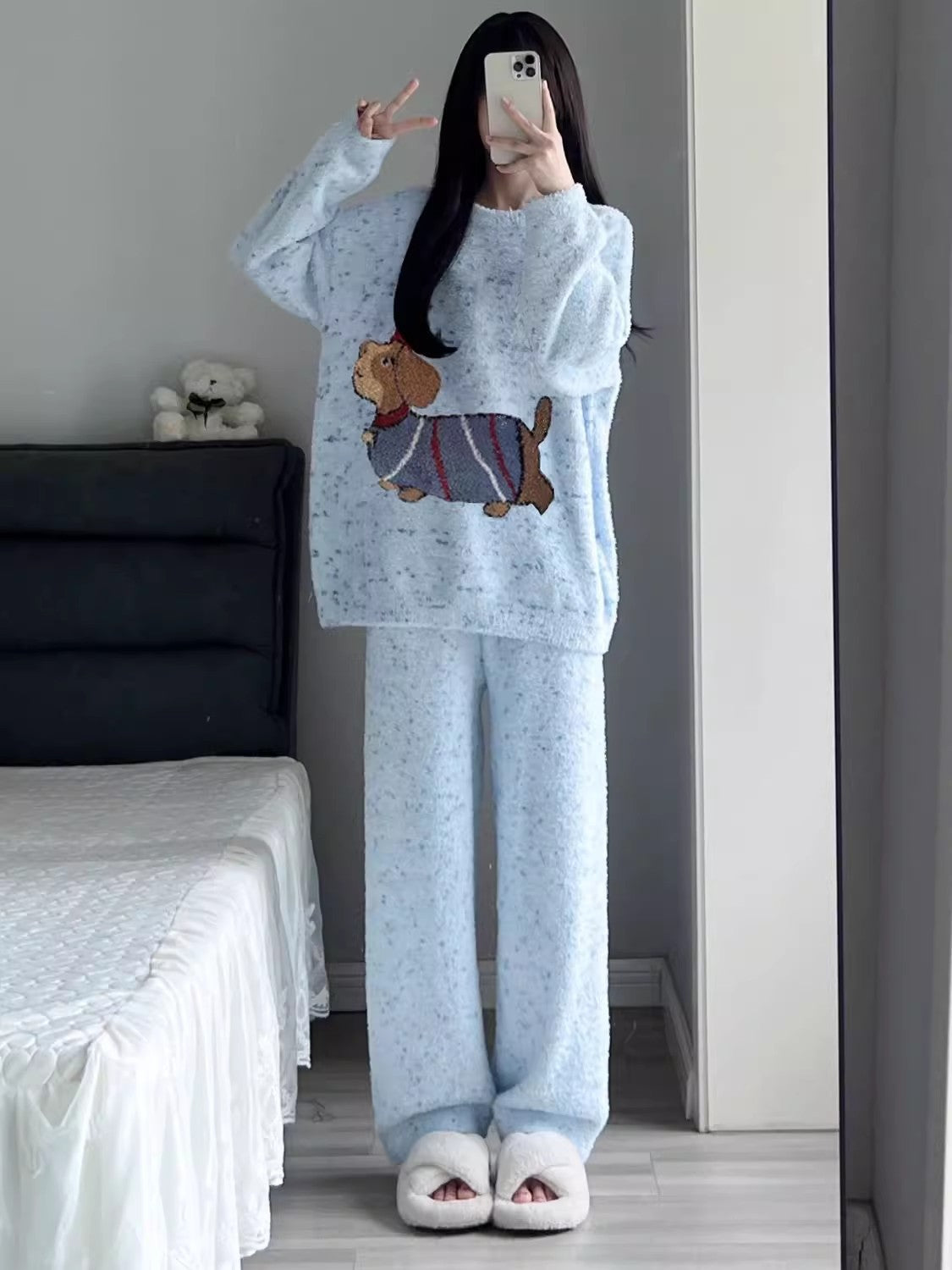 Women's Kitten Print Pyjama Suit — Thick Coral Velvet Fleece Loungewear