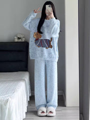 Women's Kitten Print Pyjama Suit — Thick Coral Velvet Fleece Loungewear