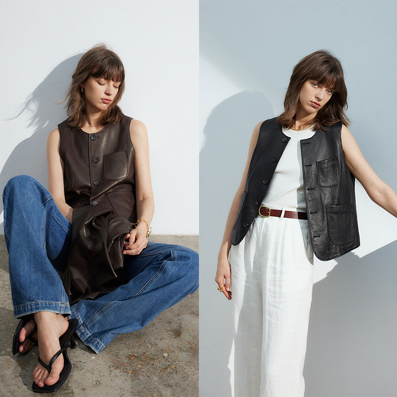 Women's Faux Leather Vest - Crew Neck, Diagonal Pocket