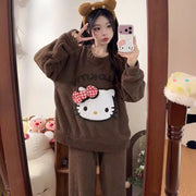 Women's Kitten Print Pyjama Suit — Thick Coral Velvet Fleece Loungewear