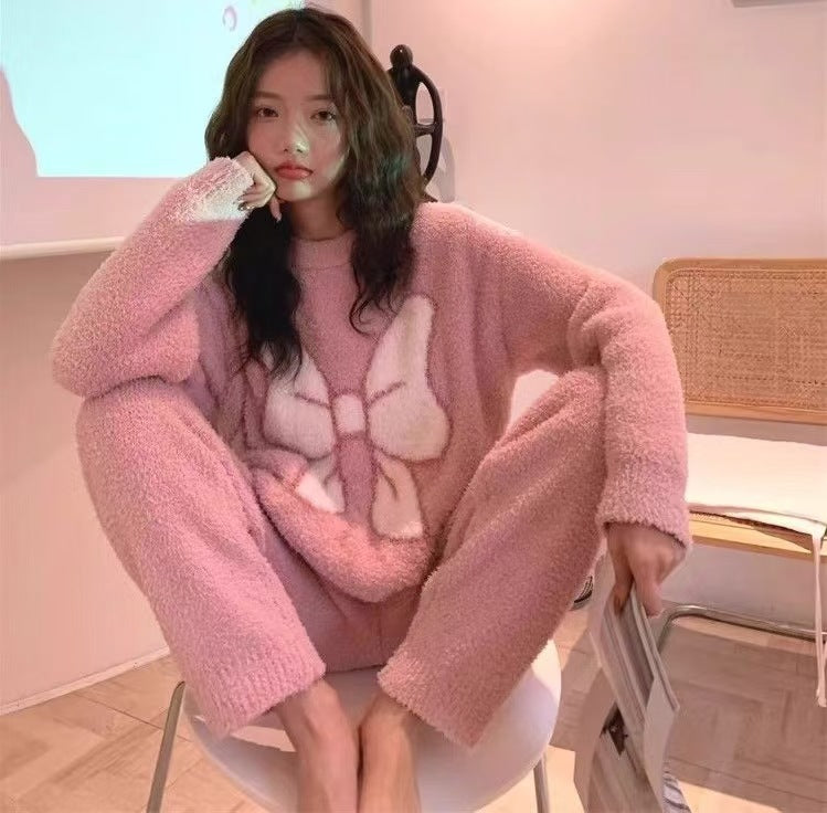 Women's Kitten Print Pyjama Suit — Thick Coral Velvet Fleece Loungewear