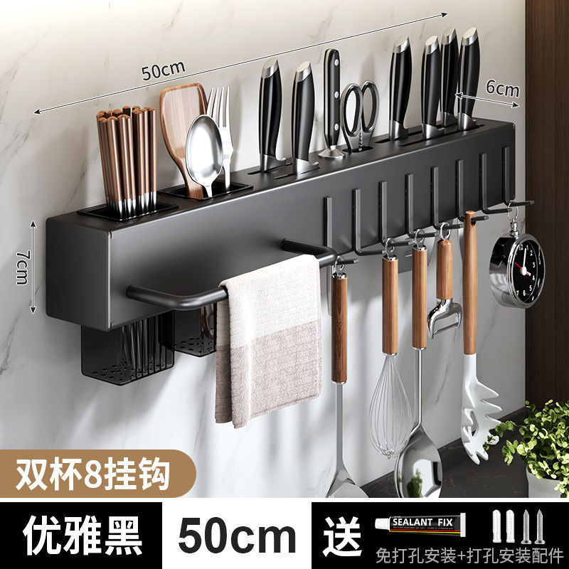 Wall-Mounted Knife Holder & Kitchen Organiser — No-Drill Rack with Hooks