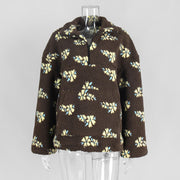 Women's Plush Floral Half-Zip Top — Warm Fleece Flower Sweatshirt Coat