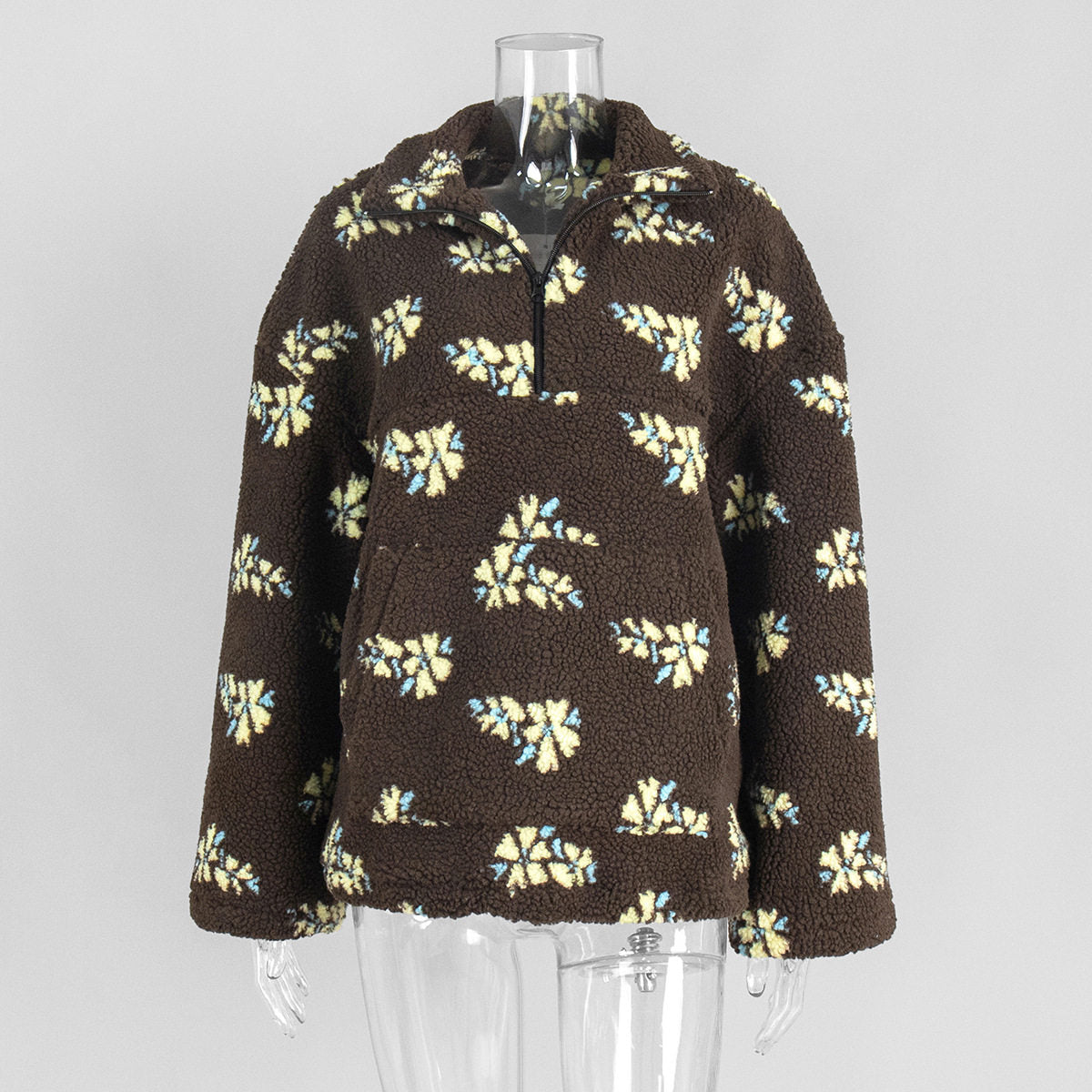 Women's Plush Floral Half-Zip Top — Warm Fleece Flower Sweatshirt Coat - photo 11