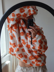 Women's Plush Floral Half-Zip Top — Warm Fleece Flower Sweatshirt Coat
