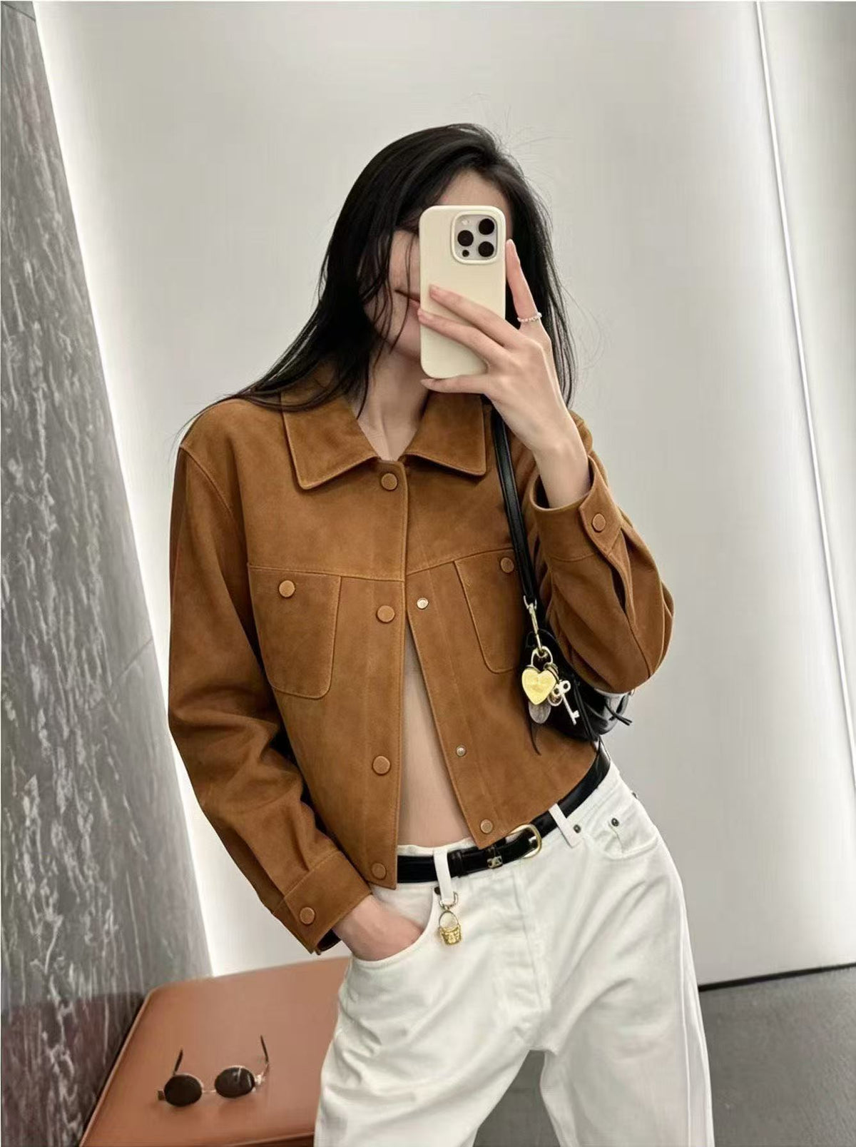 Women's Faux Leather Jacket - Suede Look, Short Fit