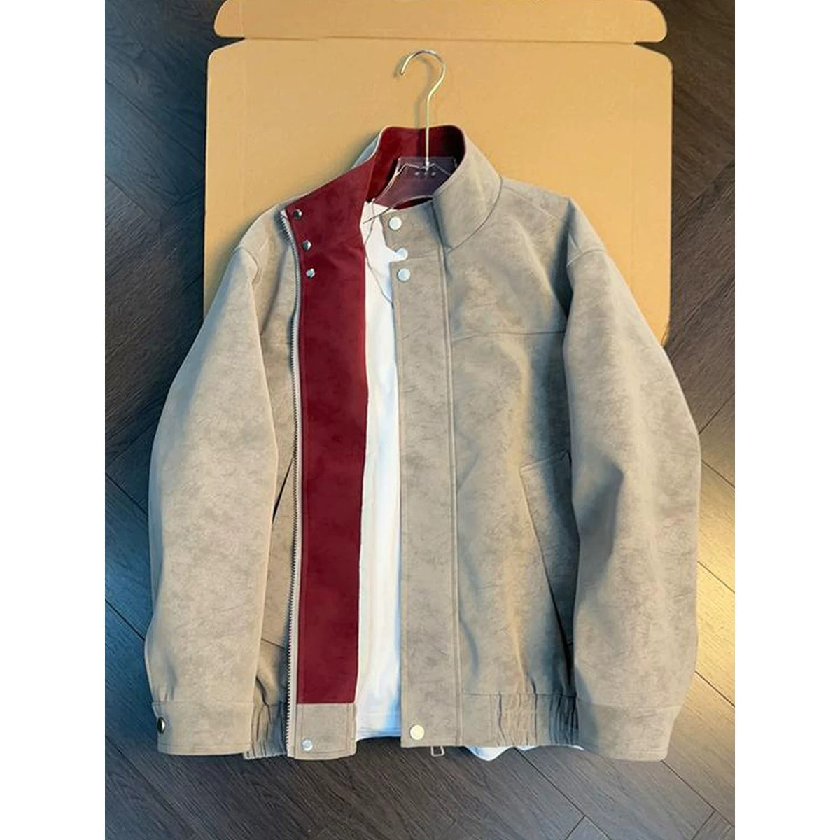 Men's Colour-Block Leather-Look Jacket - Stand Collar