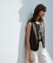 Women's Faux Leather Vest - Crew Neck, Diagonal Pocket