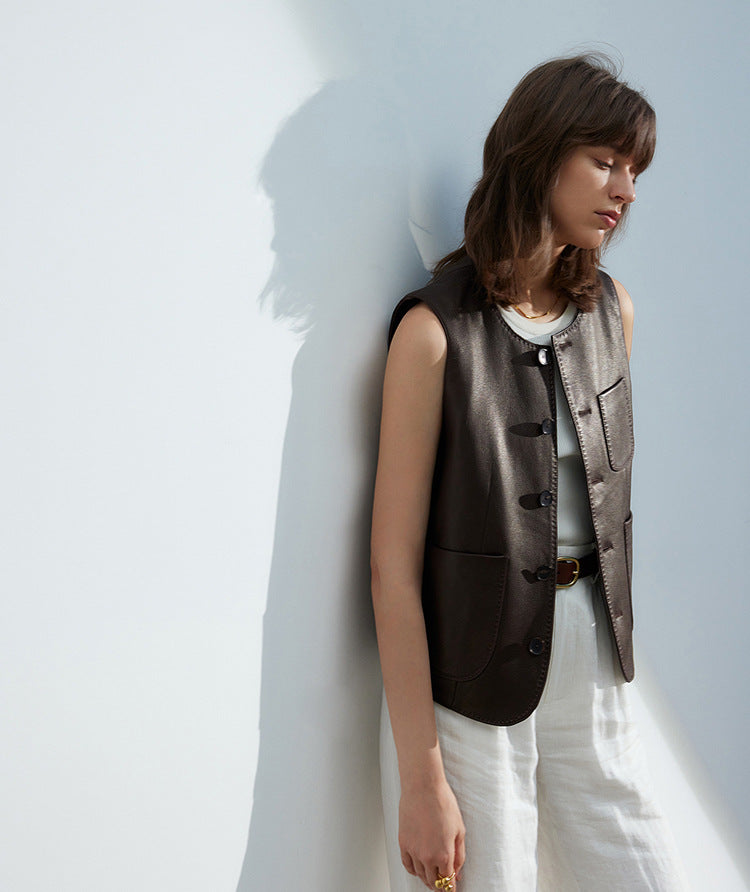 Women's Faux Leather Vest - Crew Neck, Diagonal Pocket