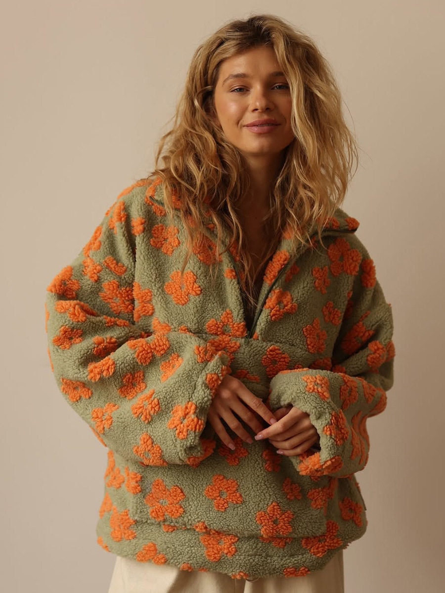 Women's Plush Floral Half-Zip Top — Warm Fleece Flower Sweatshirt Coat - photo 8