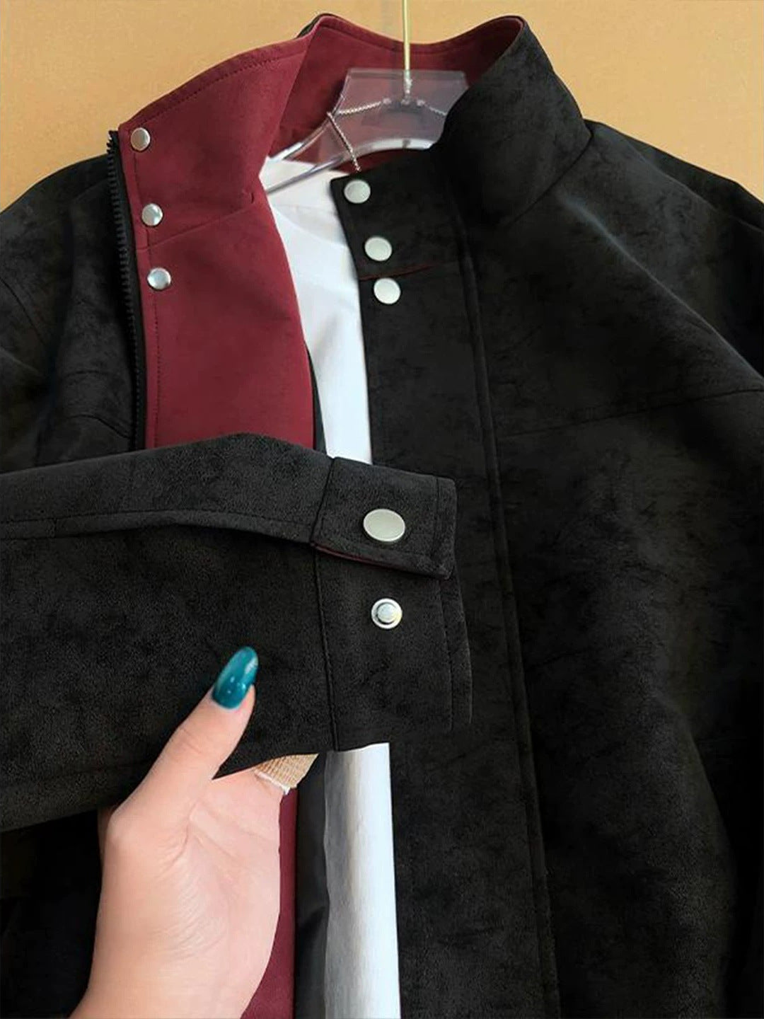 Men's Colour-Block Leather-Look Jacket - Stand Collar