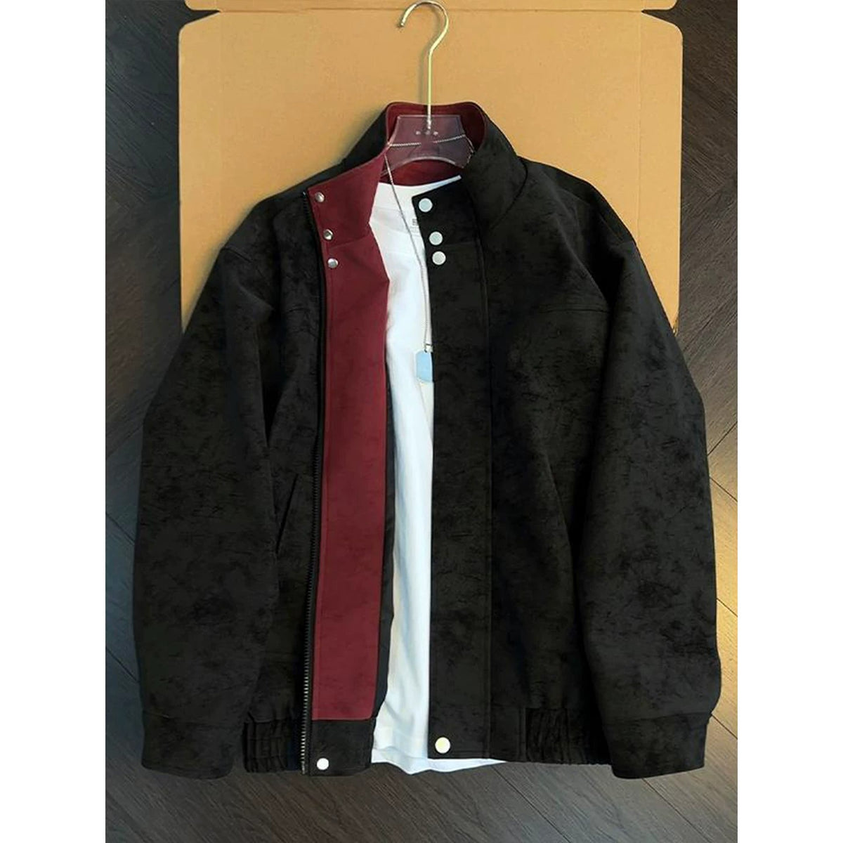 Men's Colour-Block Leather-Look Jacket - Stand Collar