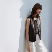 Women's Faux Leather Vest - Crew Neck, Diagonal Pocket