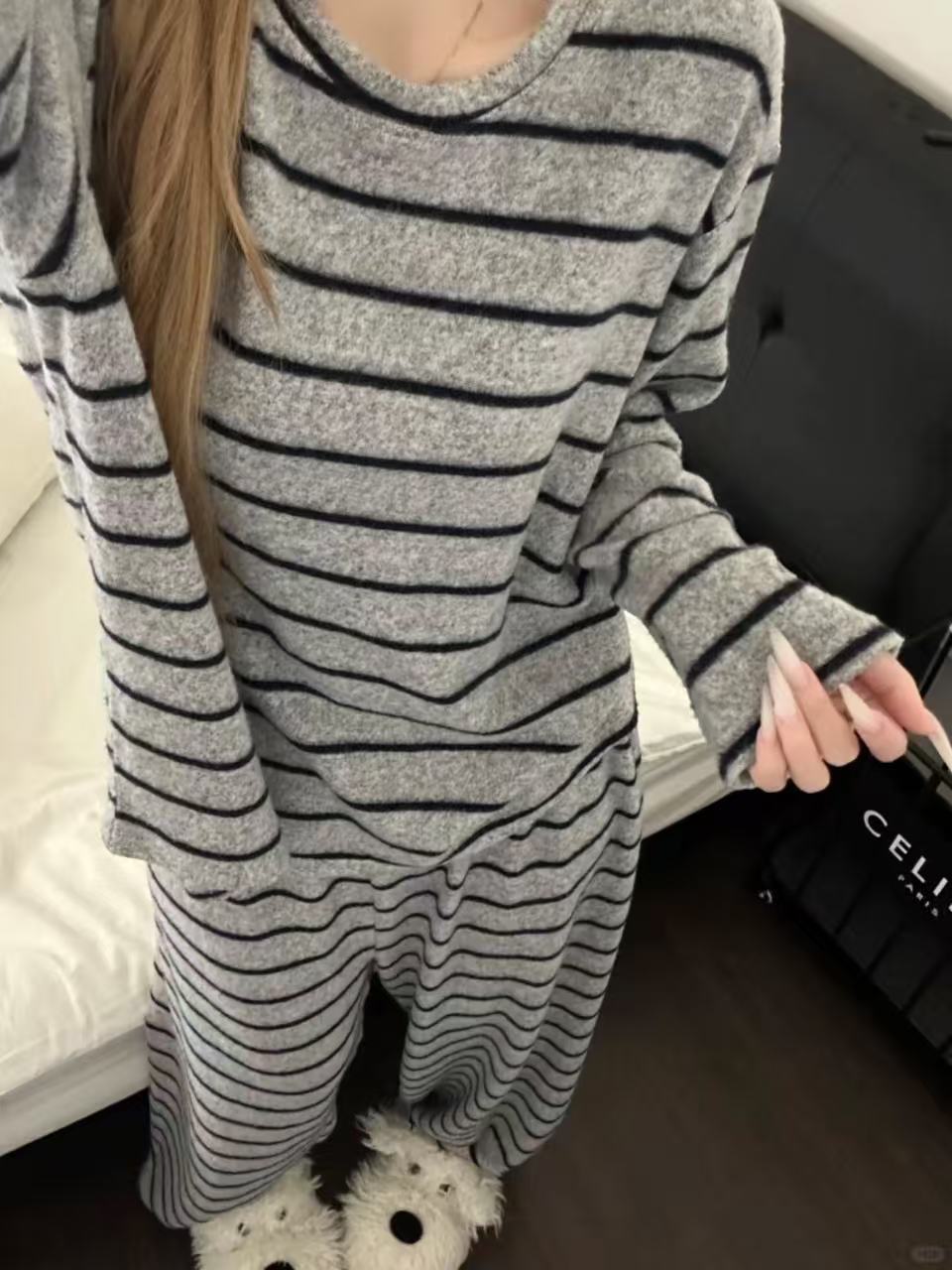 Women's German Velvet Pyjama Set — Warm Striped Long-Sleeve Loungewear