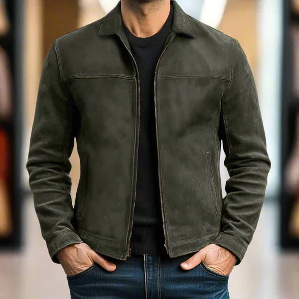 Men's Lapel Leather-Look Jacket - Casual Autumn