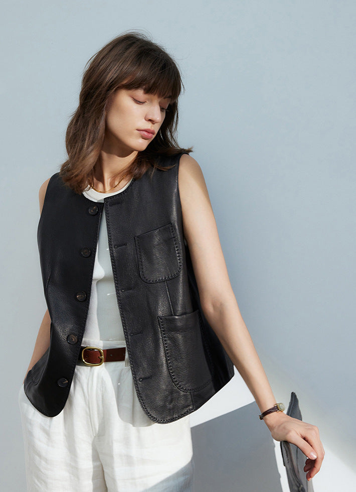 Women's Faux Leather Vest - Crew Neck, Diagonal Pocket