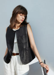Women's Faux Leather Vest - Crew Neck, Diagonal Pocket