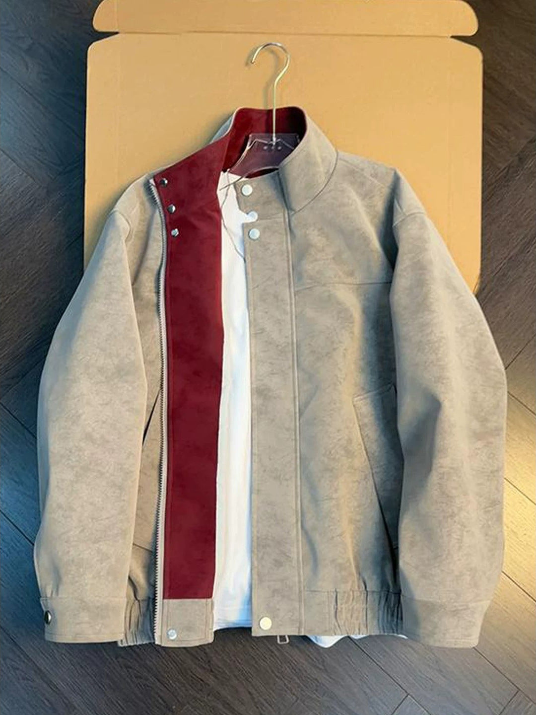 Men's Colour-Block Leather-Look Jacket - Stand Collar