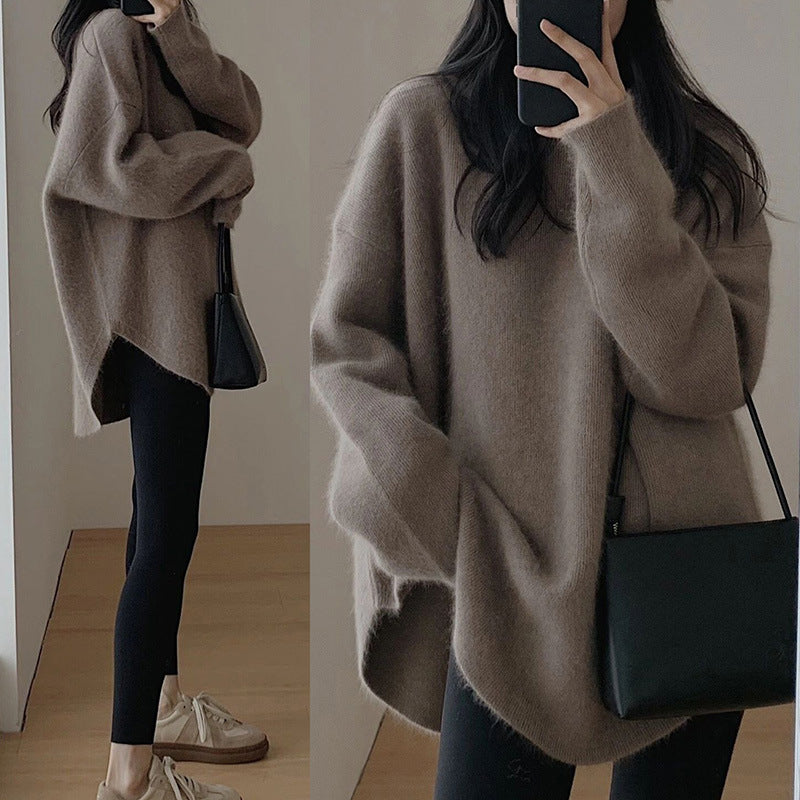 Women's French Knit Pullover — Mid-Length Loose Lazy-Style Sweater
