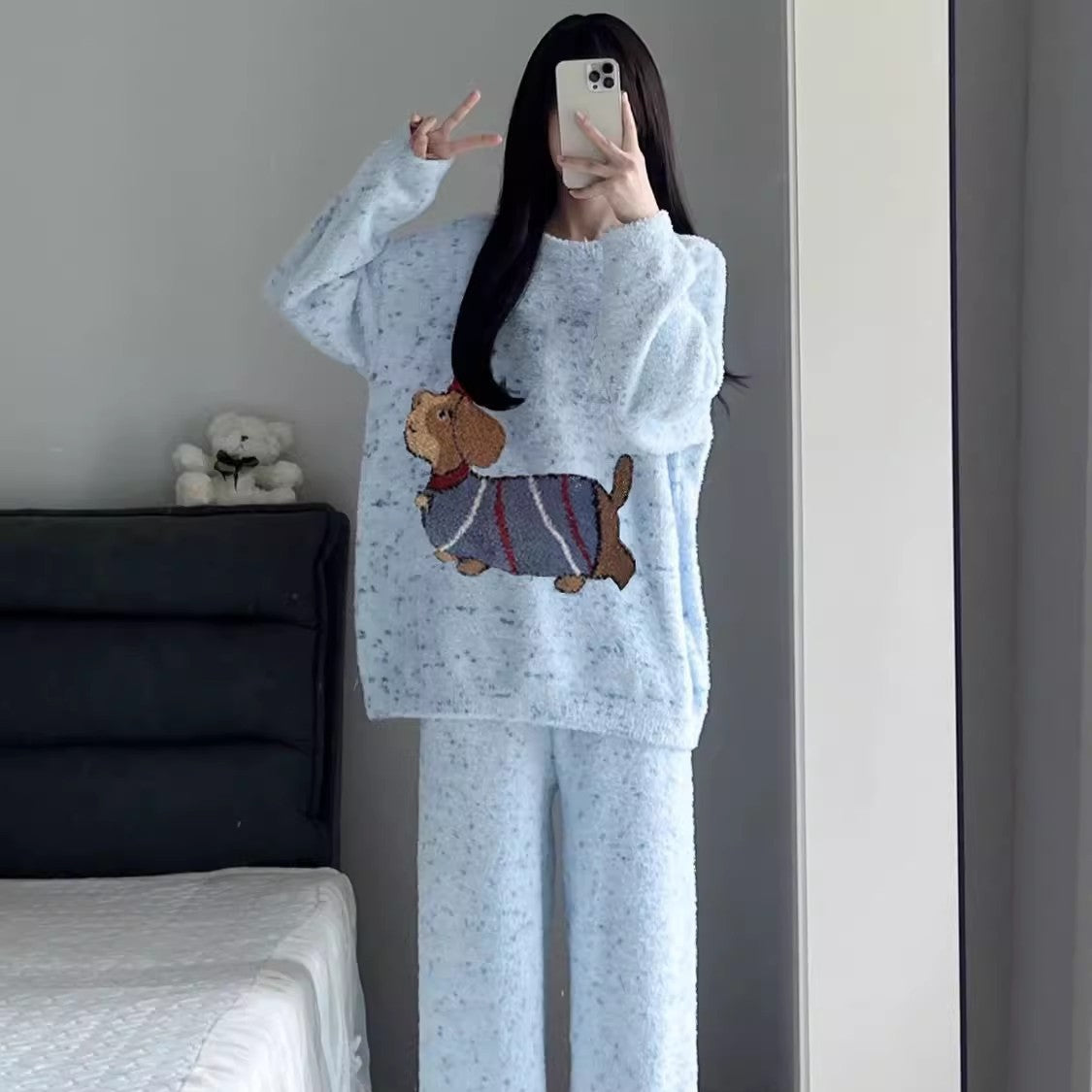 Women's Kitten Print Pyjama Suit — Thick Coral Velvet Fleece Loungewear