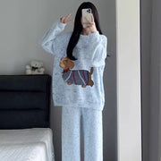 Women's Kitten Print Pyjama Suit — Thick Coral Velvet Fleece Loungewear
