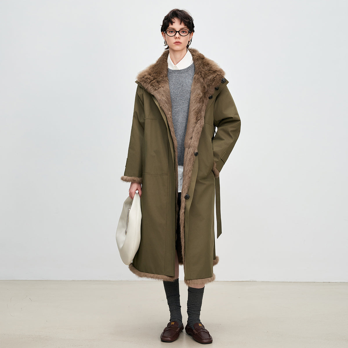 Women's Reversible Fur-Lined Long Coat - Rabbit Fur Inner