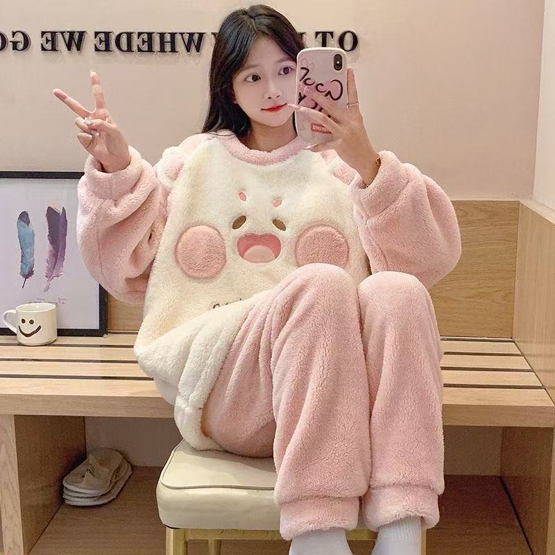 Women's Coral Velvet Pyjama Set — Thick Fleece Loungewear with Cute Prints