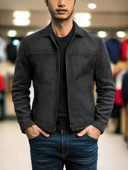 Men's Lapel Leather-Look Jacket - Casual Autumn