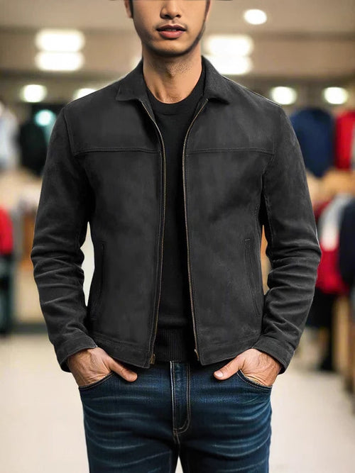 Men's Lapel Leather-Look Jacket - Casual Autumn