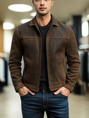 Men's Lapel Leather-Look Jacket - Casual Autumn