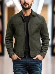 Men's Lapel Leather-Look Jacket - Casual Autumn