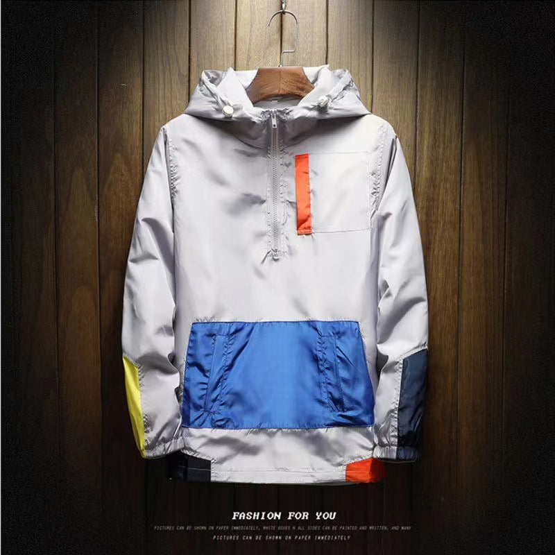 Men's Korean Colour-Block Hooded Jacket - Loose Fit