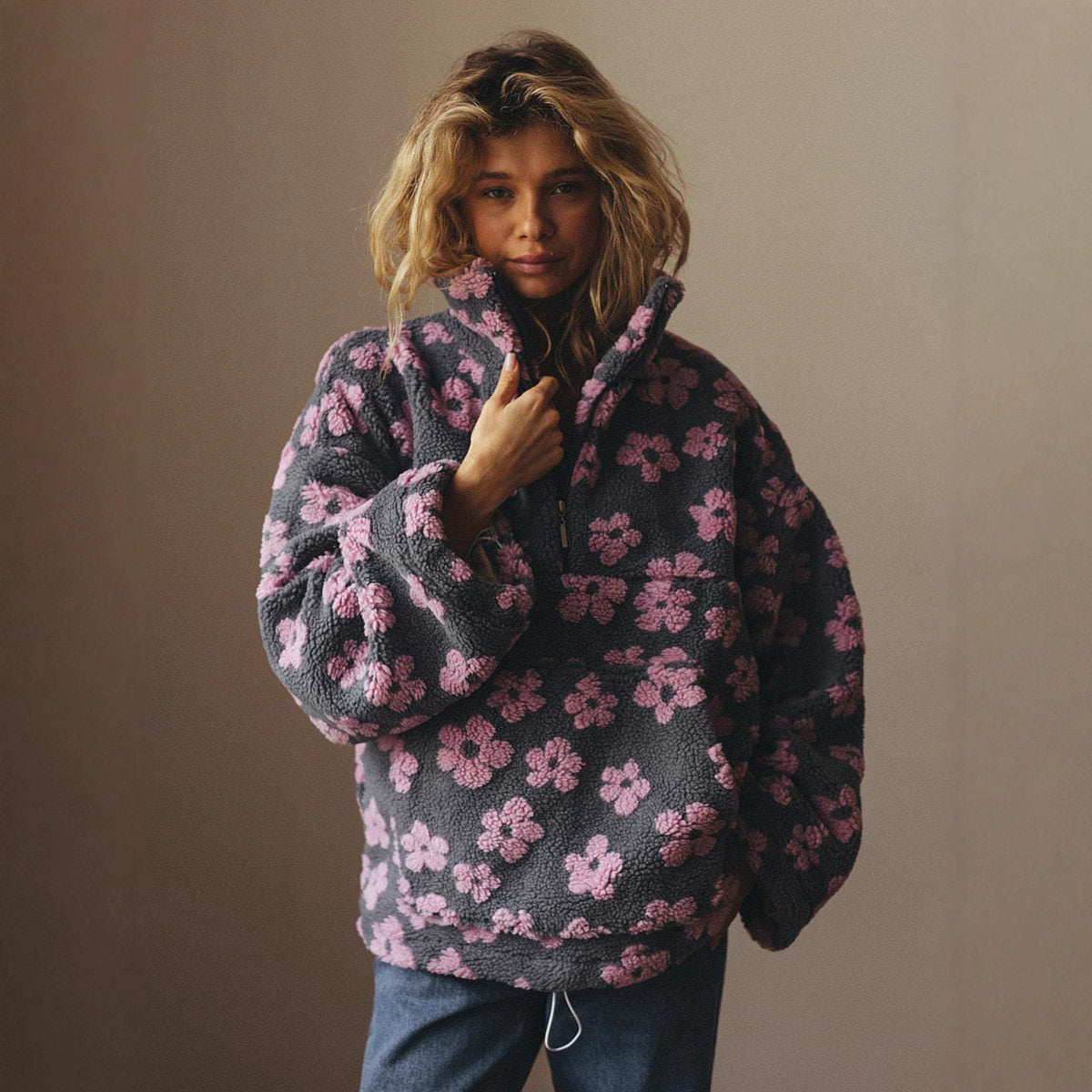 Women's Plush Floral Half-Zip Top — Warm Fleece Flower Sweatshirt Coat
