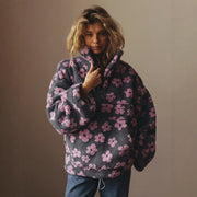 Women's Plush Floral Half-Zip Top — Warm Fleece Flower Sweatshirt Coat