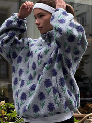 Women's Plush Floral Half-Zip Top — Warm Fleece Flower Sweatshirt Coat