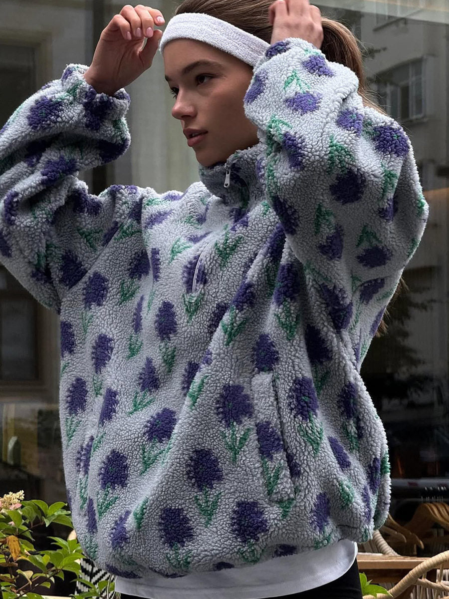 Women's Plush Floral Half-Zip Top — Warm Fleece Flower Sweatshirt Coat - photo 9