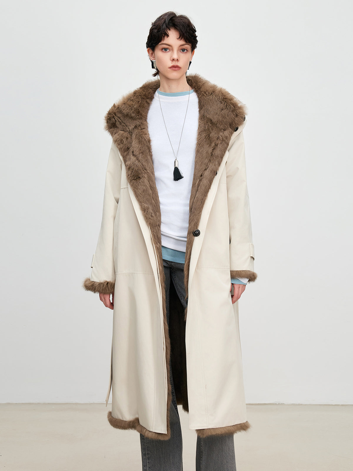 Women's Reversible Fur-Lined Long Coat - Rabbit Fur Inner