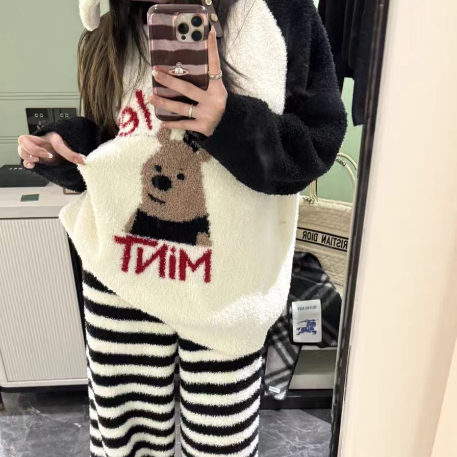 Women's Kitten Print Pyjama Suit — Thick Coral Velvet Fleece Loungewear - photo 20