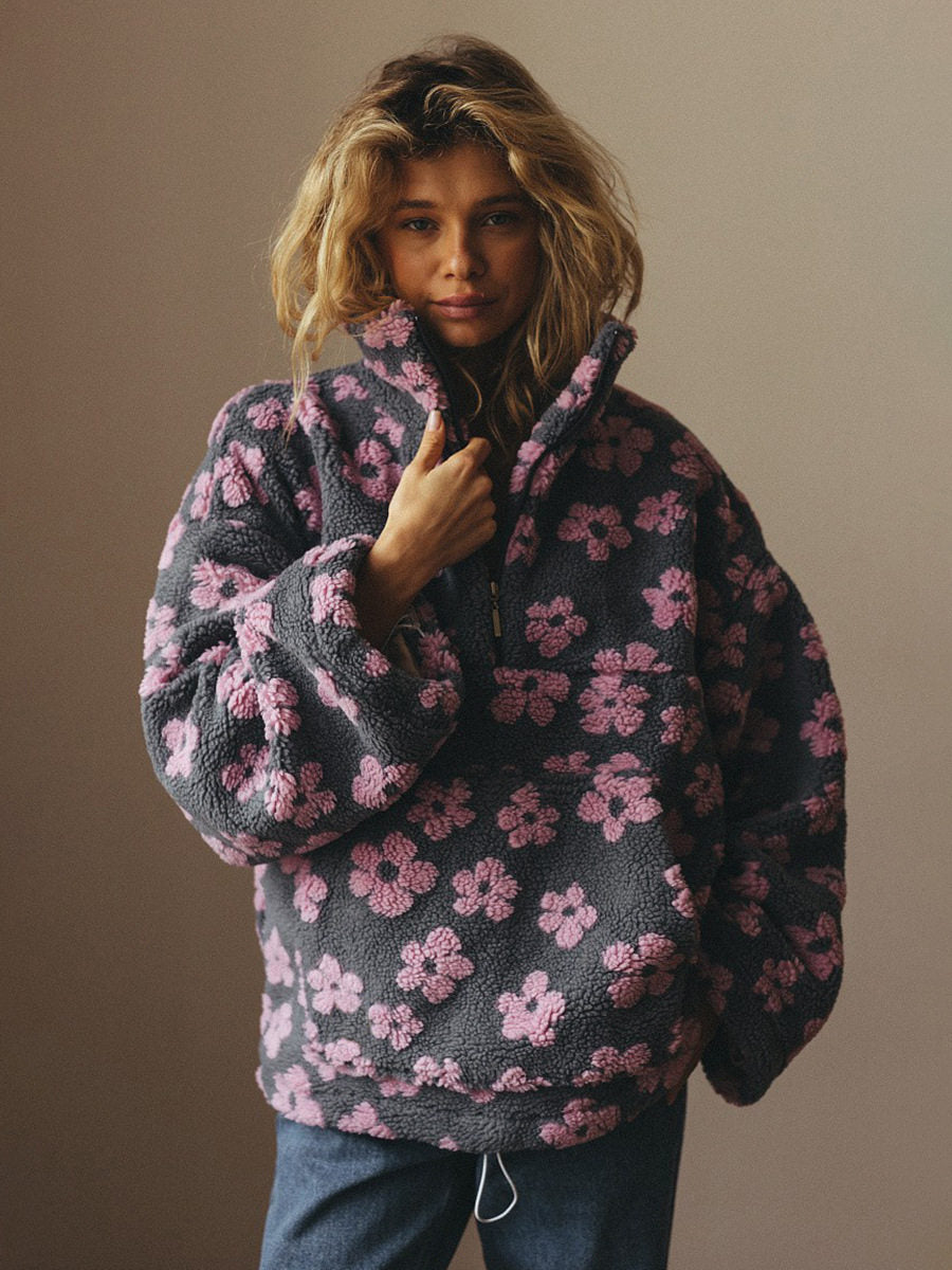 Women's Plush Floral Half-Zip Top — Warm Fleece Flower Sweatshirt Coat