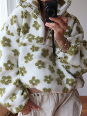 Women's Plush Floral Half-Zip Top — Warm Fleece Flower Sweatshirt Coat
