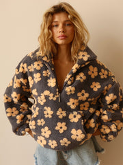 Women's Plush Floral Half-Zip Top — Warm Fleece Flower Sweatshirt Coat