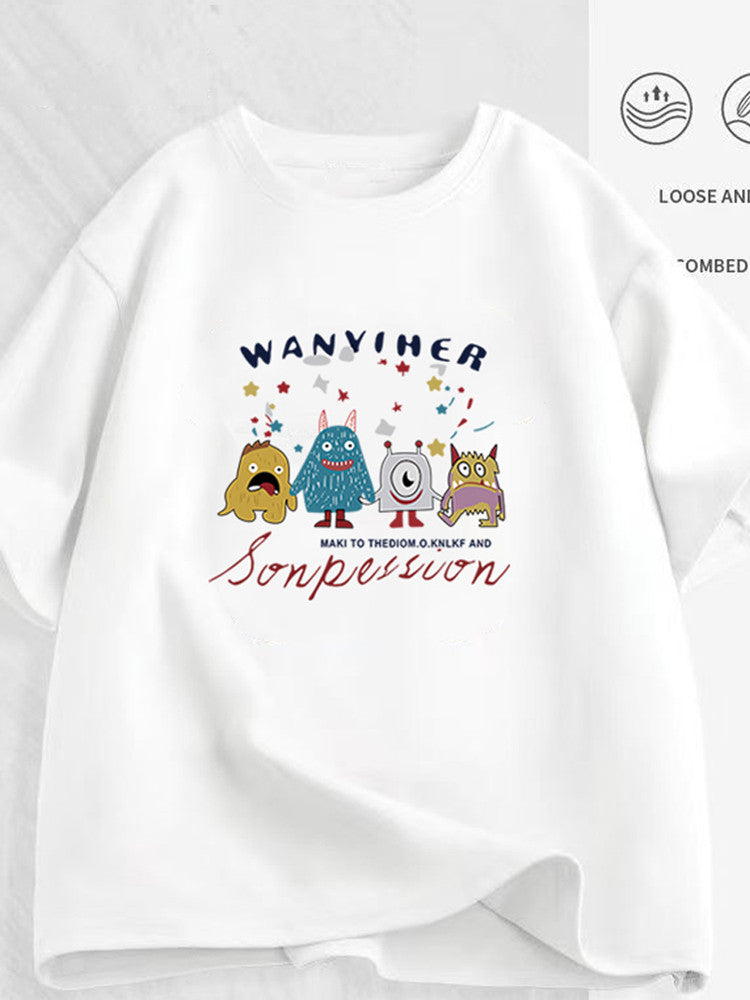 Women's Cartoon Print T-Shirt — Loose Short-Sleeve Round-Neck Summer Top