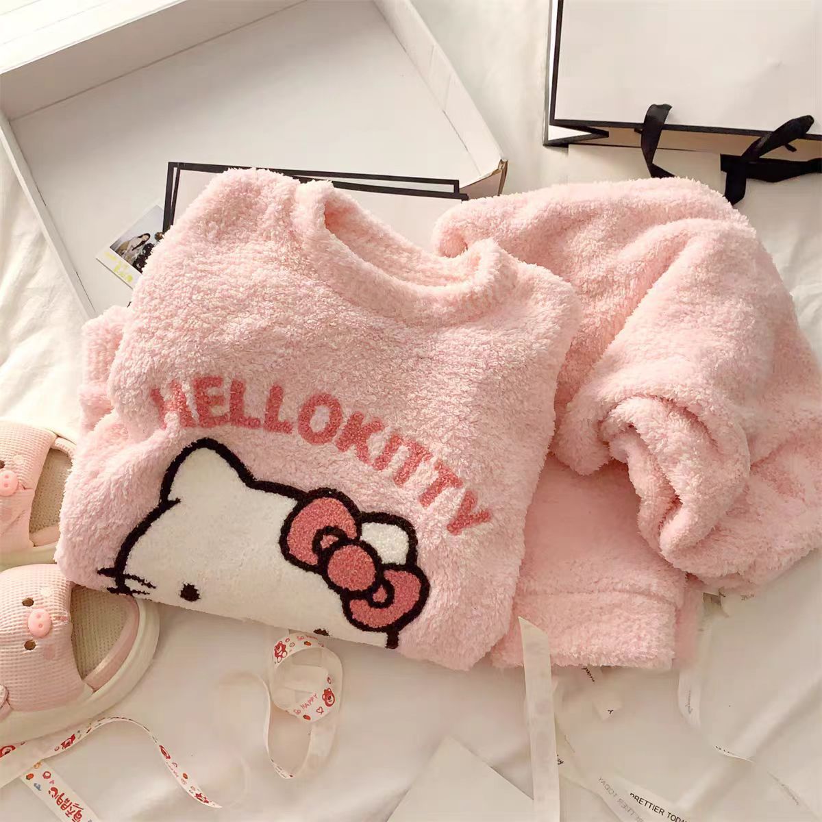 Women's Kitten Print Pyjama Suit — Thick Coral Velvet Fleece Loungewear
