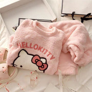 Women's Kitten Print Pyjama Suit — Thick Coral Velvet Fleece Loungewear