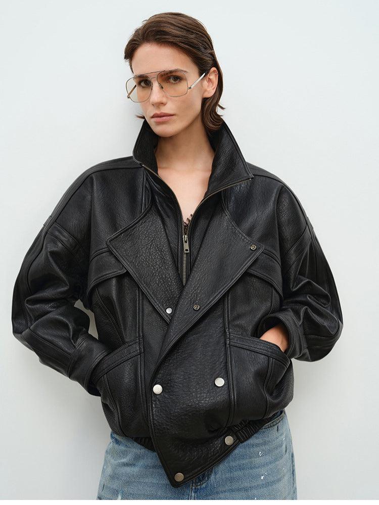 Women's Vintage Faux Leather Jacket - Lapel, Structured