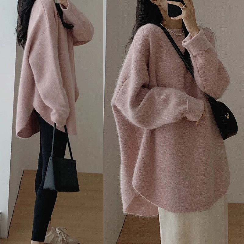 Women's French Knit Pullover — Mid-Length Loose Lazy-Style Sweater